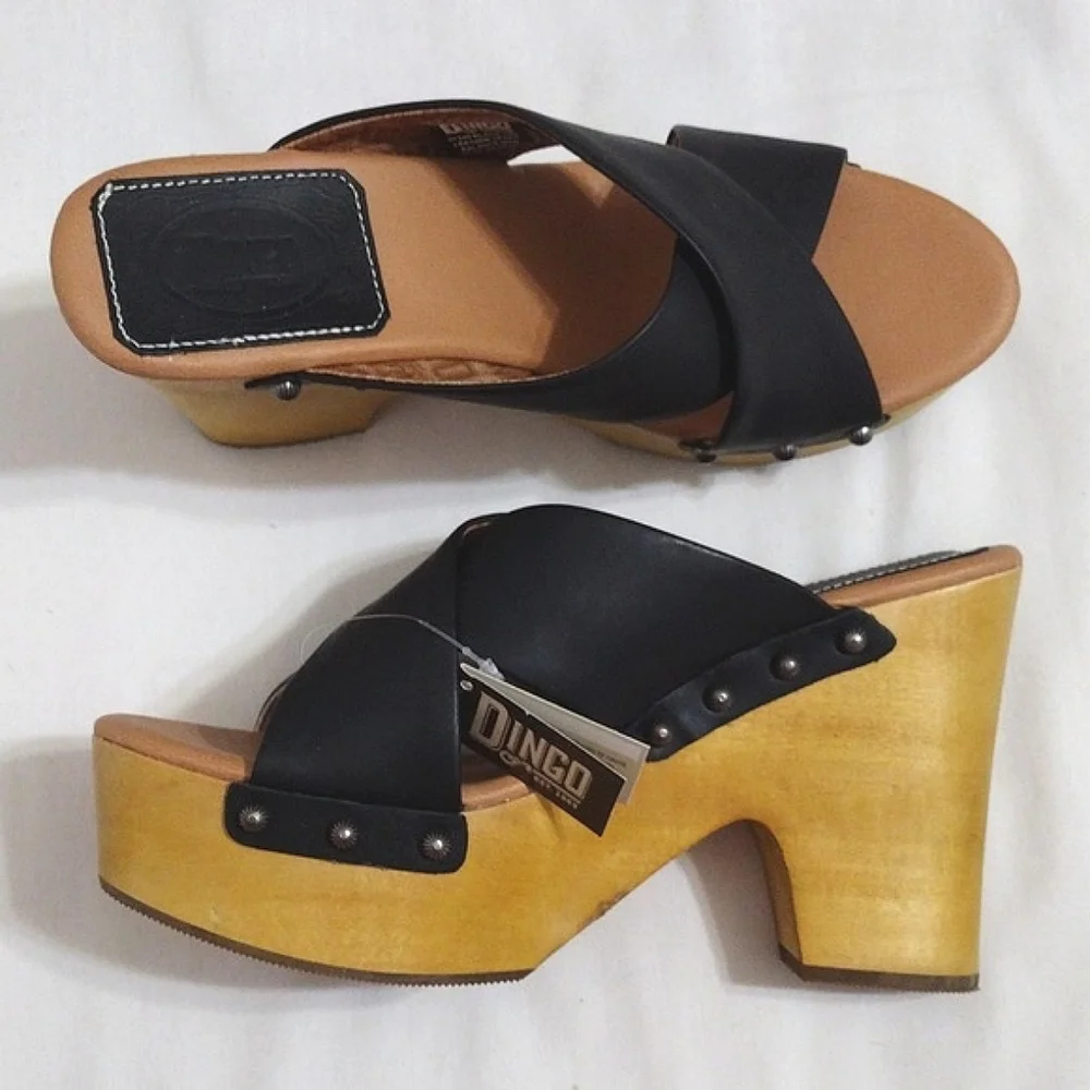 NWT Dingo Driftwood Studded Black Leather Platform Clog Sandals 10M Boho Western